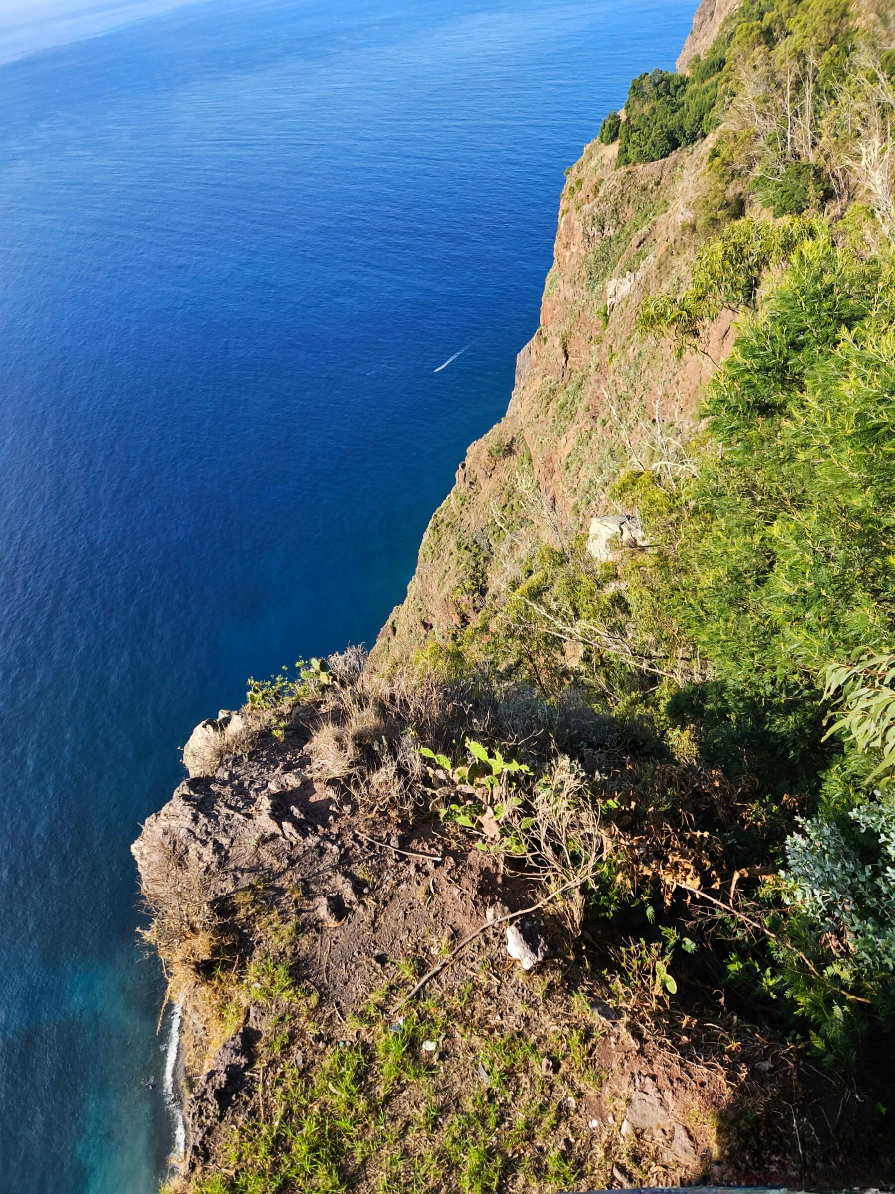 Eine steile Klippe blickt auf das ruhige, blaue Meer, umgeben von grüner Vegetation und klarem Himmel.