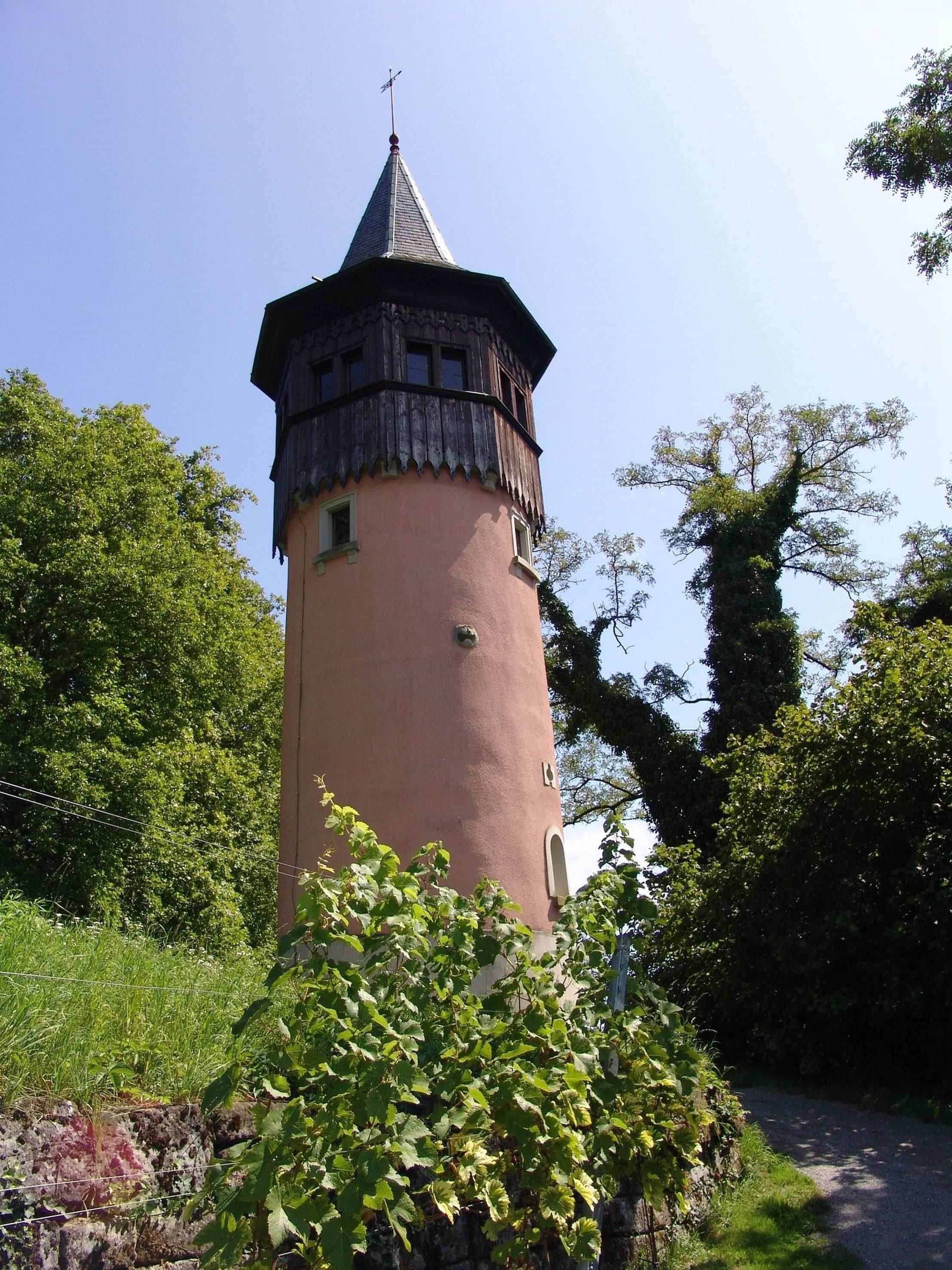 Ein schmaler Turm mit spitzem Dach steht umgeben von Bäumen und Weinreben unter einem klaren blauen Himmel.