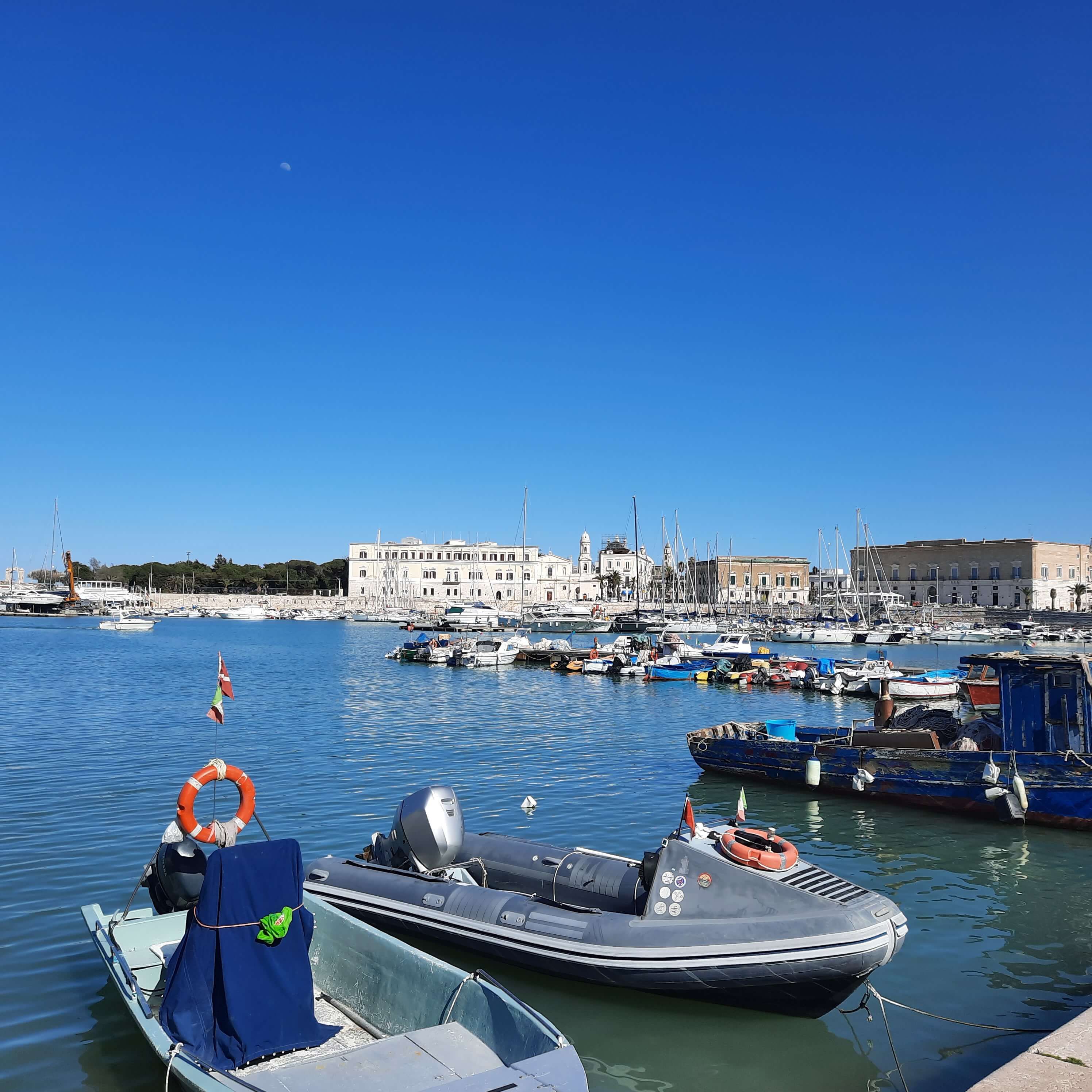 Eine sonnige Hafenansicht mit Booten und klarem blauem Himmel im Hintergrund. Ruhe und maritime Atmosphäre.