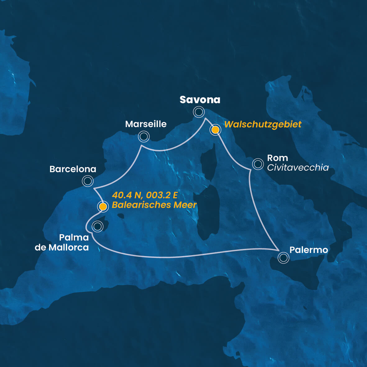 Karte des westlichen Mittelmeers mit Städten wie Savona, Marseille und dem Walschutzgebiet.