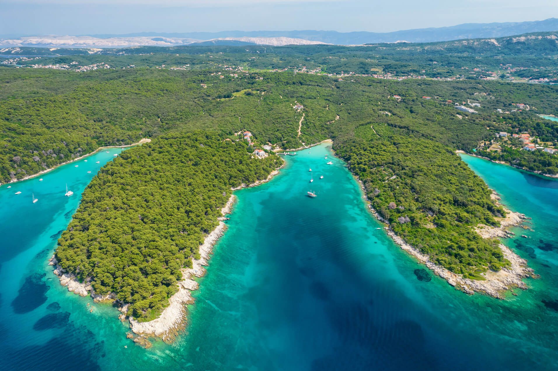 Ein atemberaubendes Küstenpanorama mit grünem Wald und türkisblauem Wasser, ideal für Bootsfahrten und Erholung.