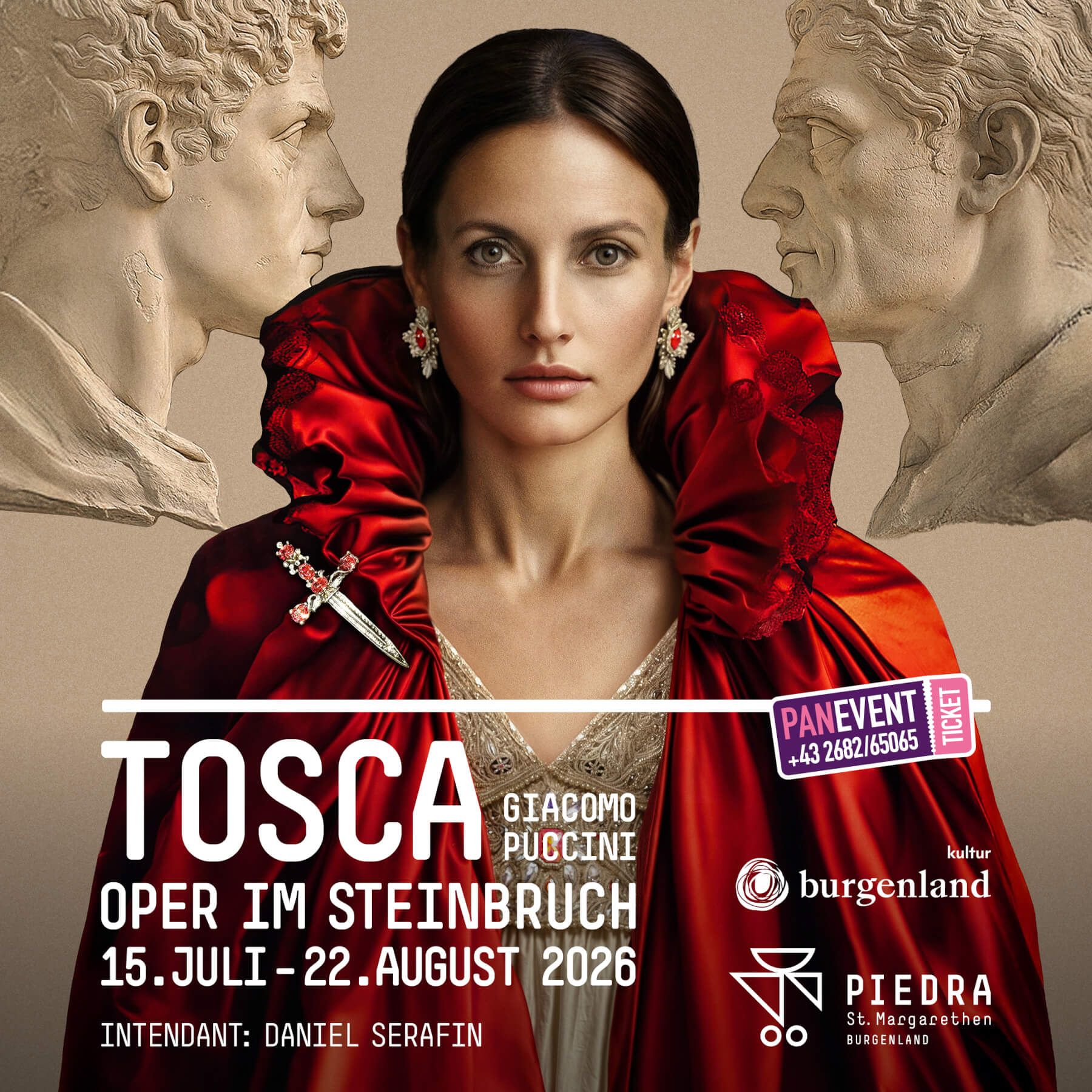Plakat für "Tosca" von Puccini, Aufführung im Steinbruch, Burgenland, 15. Juli – 22. August 2026.