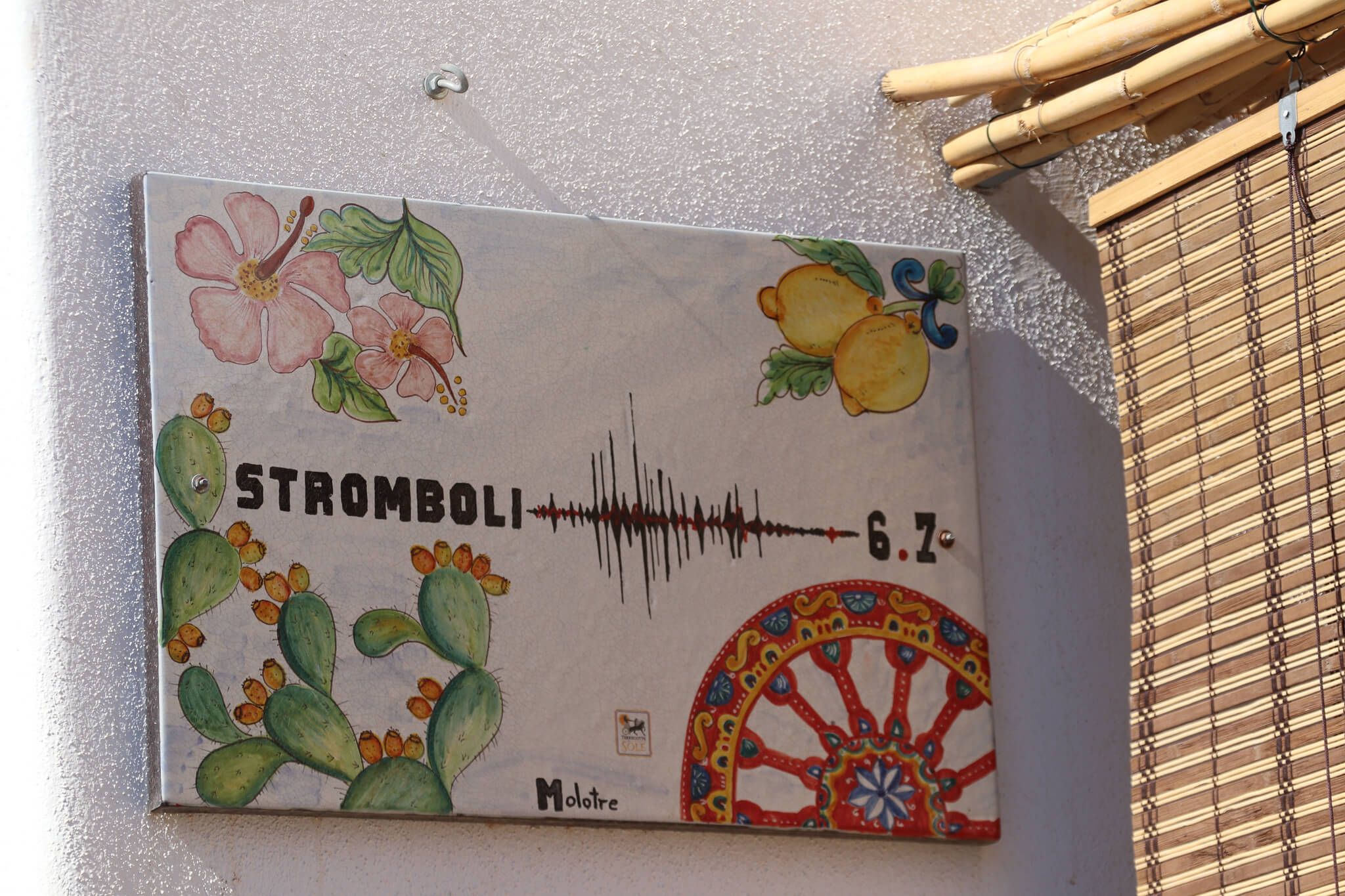 Ein künstlerisches Schild mit "Stromboli" und einer Darstellung der Erdbebenstärke von 6.7, umgeben von Blumen und Pflanzen.