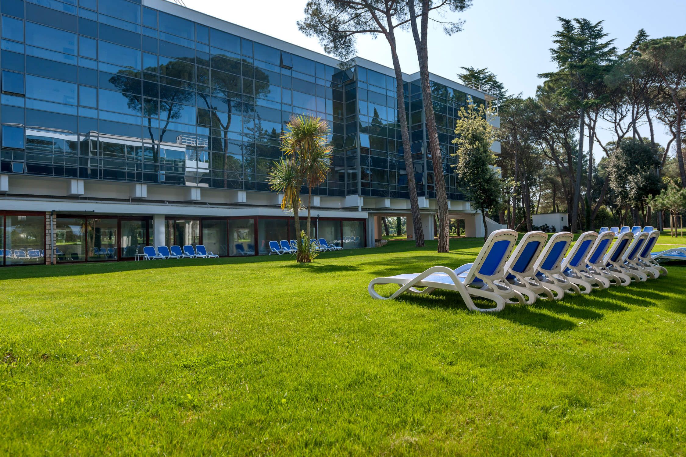 Ein modernes Gebäude mit großen Fenstern, umgeben von Rasen und Liegen unter Bäumen. Schöner, entspannender Außenbereich.