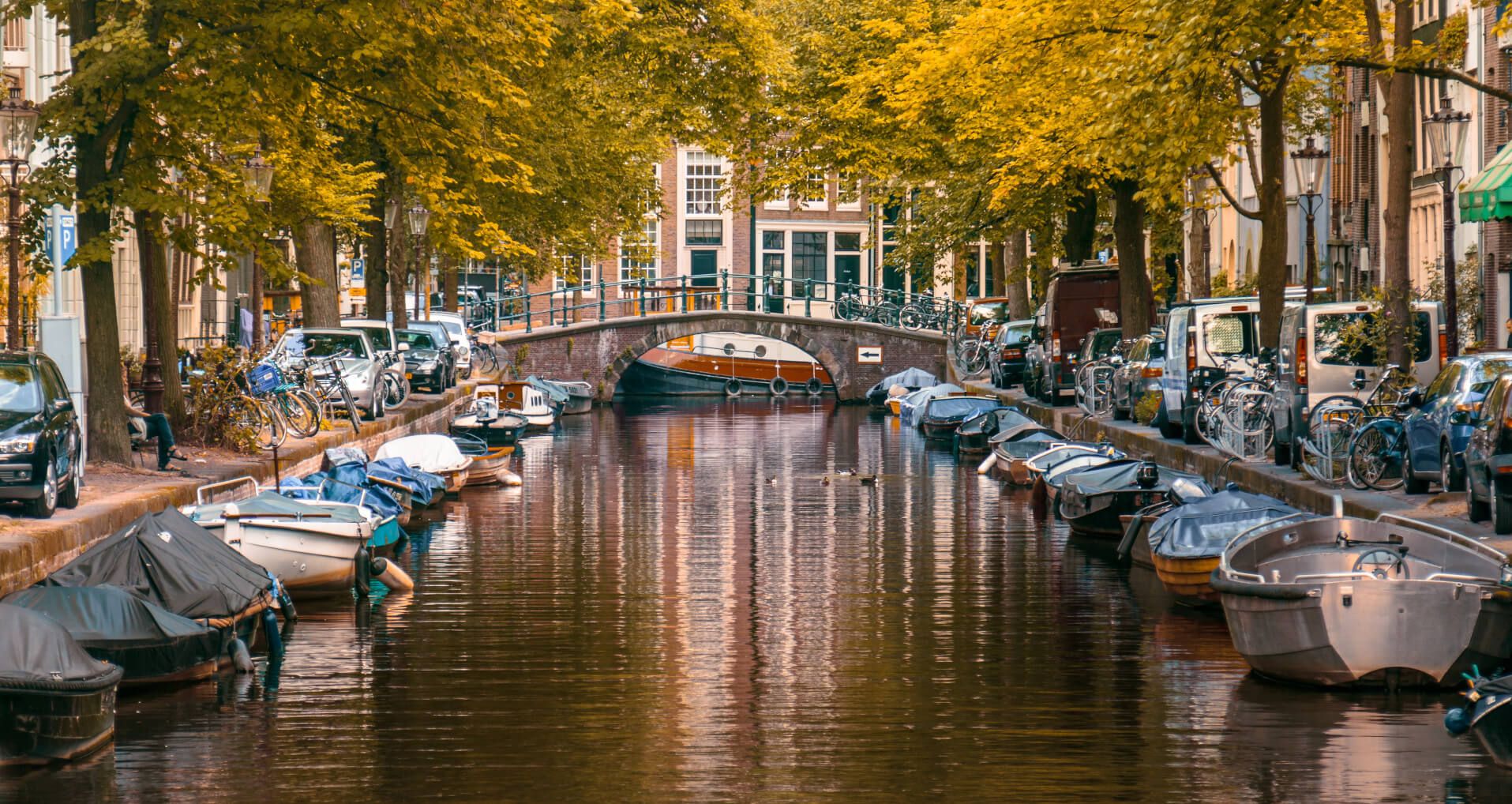 Ein malerischer Kanal in Amsterdam, umgeben von Bäumen, Booten und historischen Gebäuden. Herbstliche Farben glänzen.