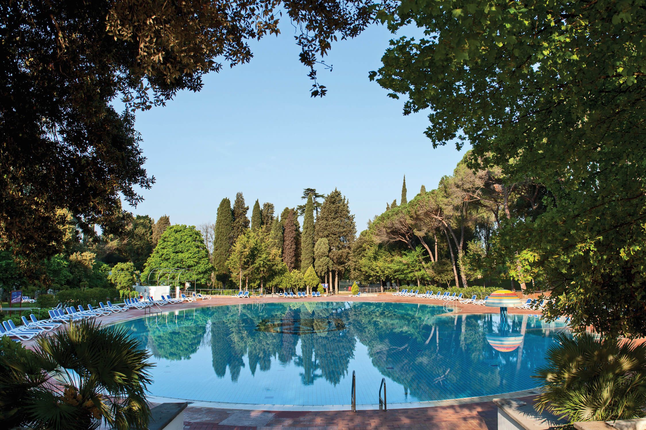 Ein ruhiger Pool umgeben von grünen Bäumen und Sonnenliegen, mit klarem Himmel im Hintergrund.