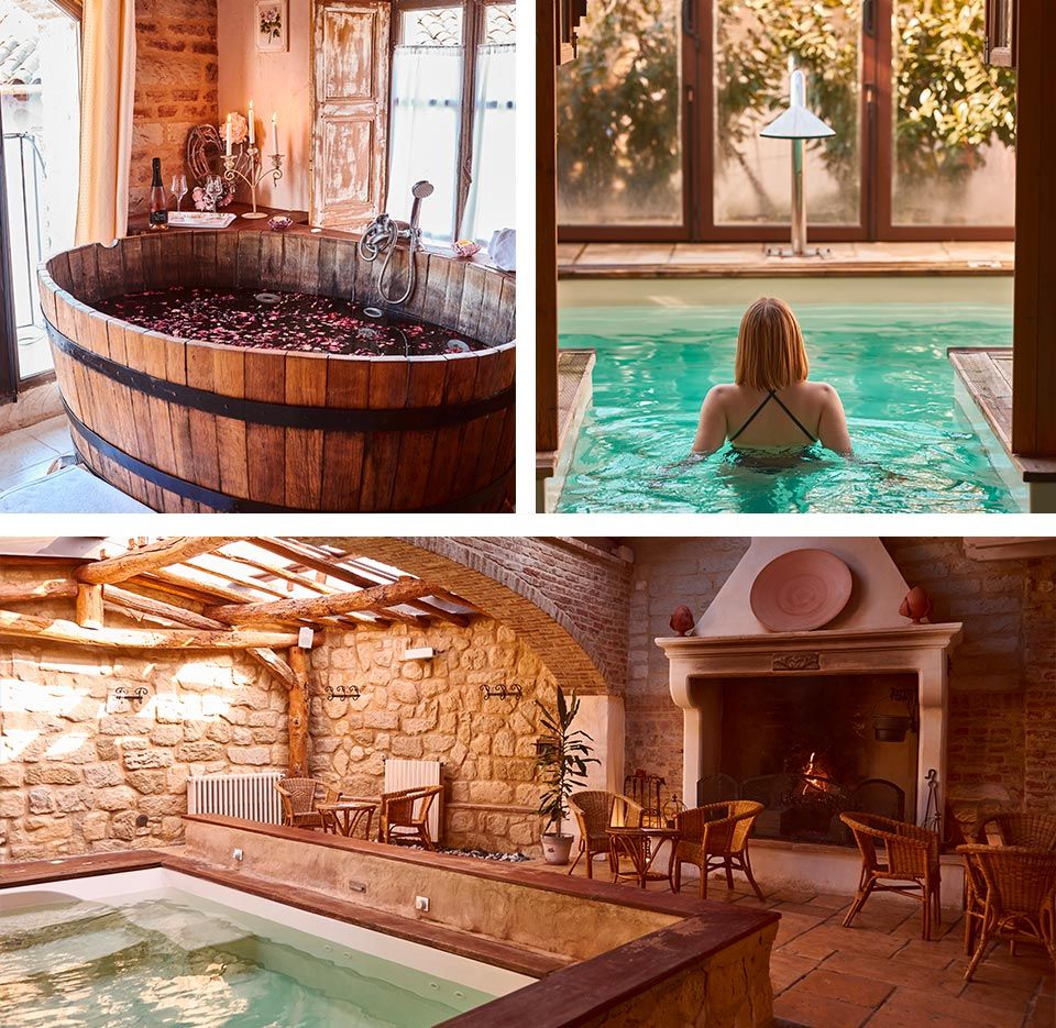 Entspanntes Spa mit Holzbadewanne, Pool und gemütlicher Atmosphäre. Ideal zum Relaxen und Wohlfühlen.