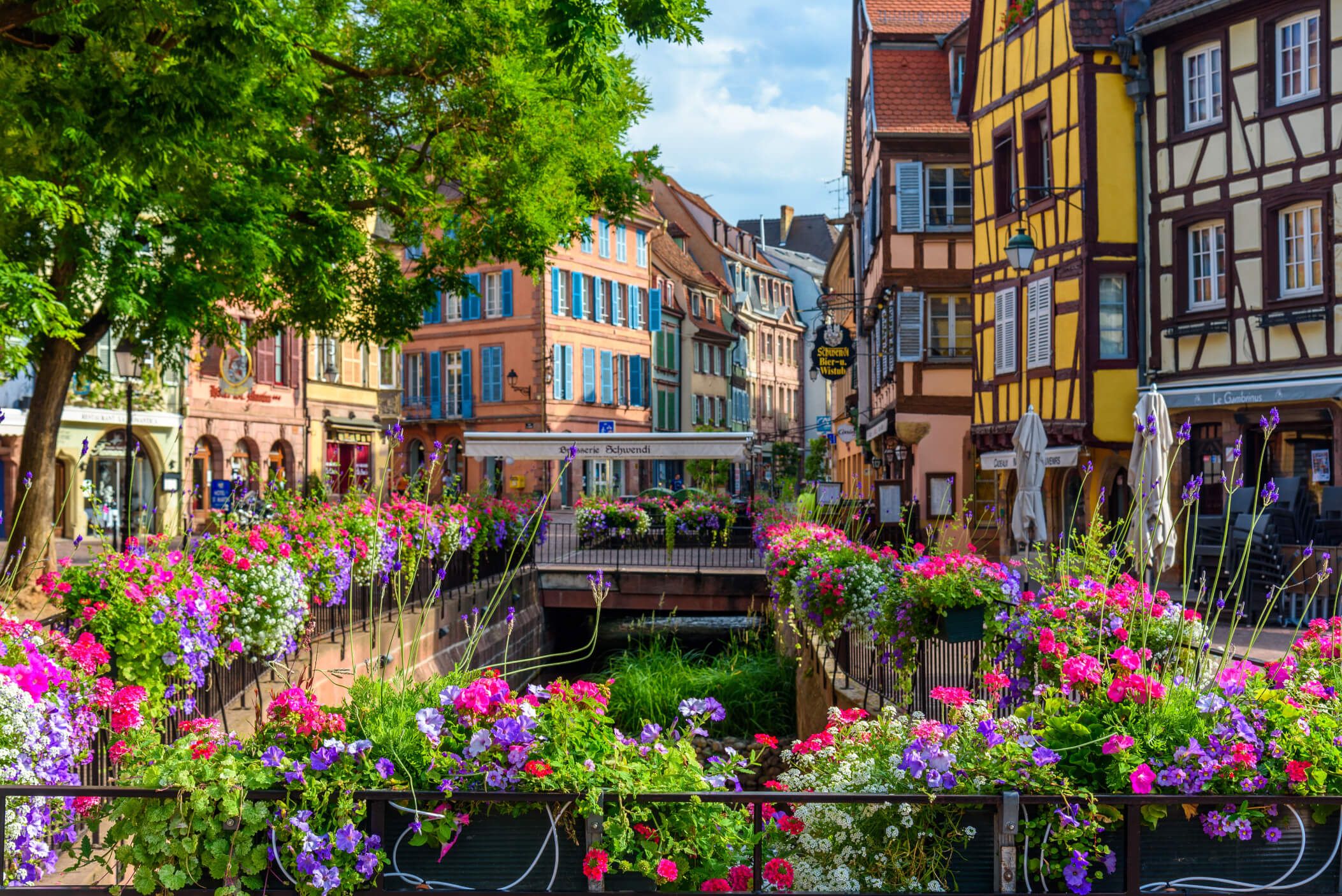 Schöne, blühende Straße mit bunten Häusern und einem Kanal in einer malerischen Stadt. Ideal für einen Spaziergang.